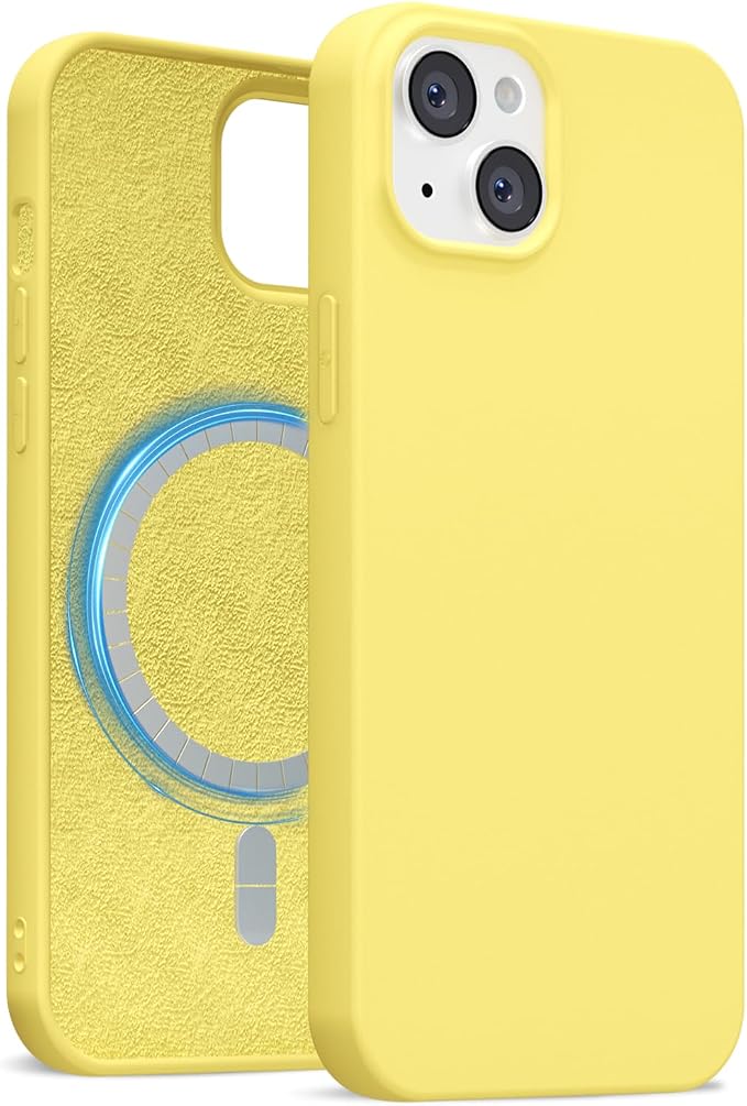 for iPhone 14/ iPhone 13 Case Silicone Compatible with Magsafe Case, Ultra Slim Thin Magnetic Phone Cases Mag Safe, Cute Soft Rubber Gel TPU Matte Wireless Charging Cover for Women, Yellow