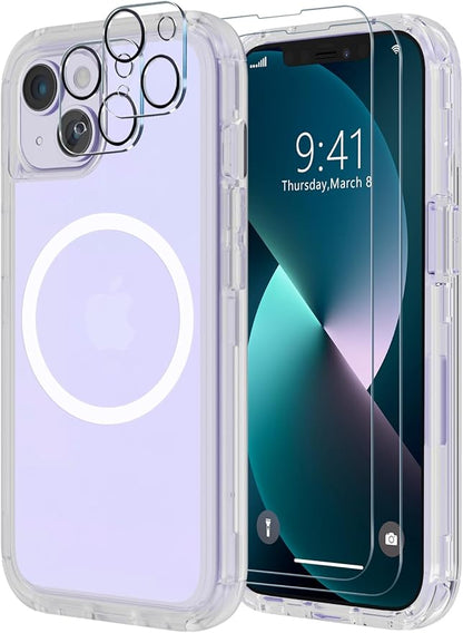 Diverbox for iPhone 13 Case [Compatible with MagSafe] [Shockproof] [Dropproof] [with Screen Protector ] 3in1 Heavy Duty Protection Phone Case Cover for Apple iPhone 13 (Matte Clear(Magnet))
