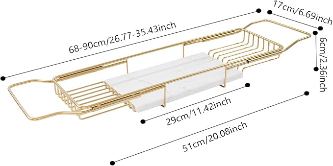 Expandable Bathtub Tray Caddy for Luxury Bath, Extra Wide Acrylic Tub Tray with Natural Marble Board, Waterproof Bath Tub Shelf for Phone, Wine, Book, Tablet Stand - Ideal Home Spa (Gold, White)