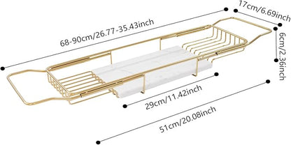 Expandable Bathtub Tray Caddy for Luxury Bath, Extra Wide Acrylic Tub Tray with Natural Marble Board, Waterproof Bath Tub Shelf for Phone, Wine, Book, Tablet Stand - Ideal Home Spa (Gold, White)