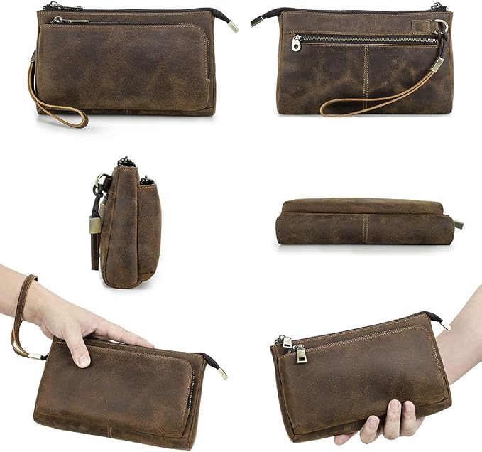 CONTACTS Crazy Horse Leather Travel Electronic Organizer Cables Chargers Accessories Storage Case Holder Clutch Bag with 3 Compartments
