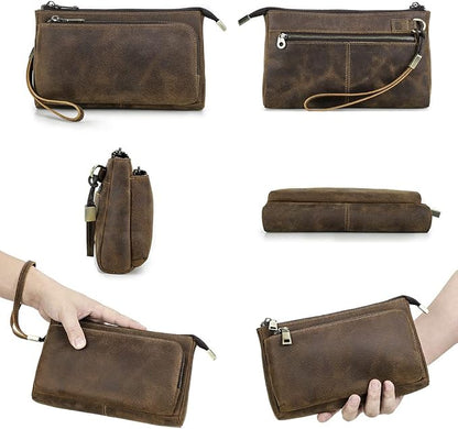 CONTACTS Crazy Horse Leather Travel Electronic Organizer Cables Chargers Accessories Storage Case Holder Clutch Bag with 3 Compartments