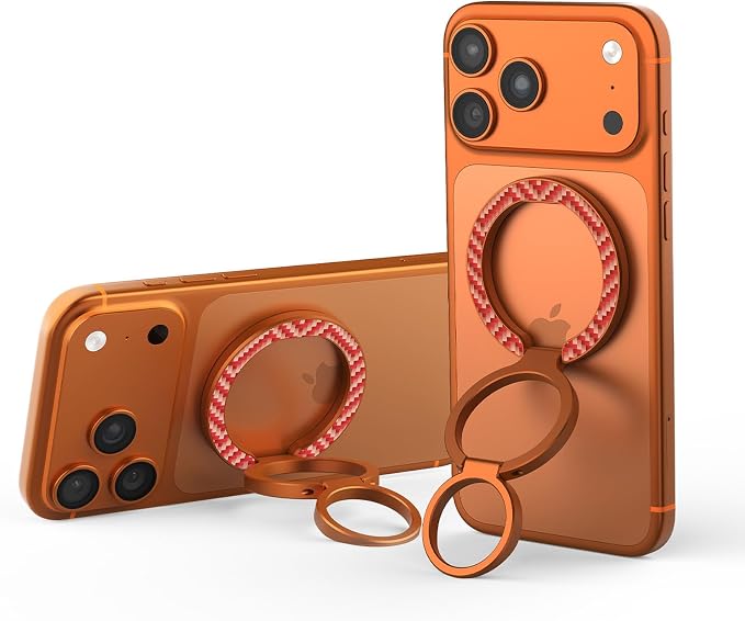 Nillkin FiberSnap Magnetic Phone Grip Ring Stand, Removable Phone Holder with Expanding Grip and Adapter Ring for MagSafe,360 Rotation Adjustable Kickstand for iPhone 16 Pro 15,14,13,12,11 (Orange)