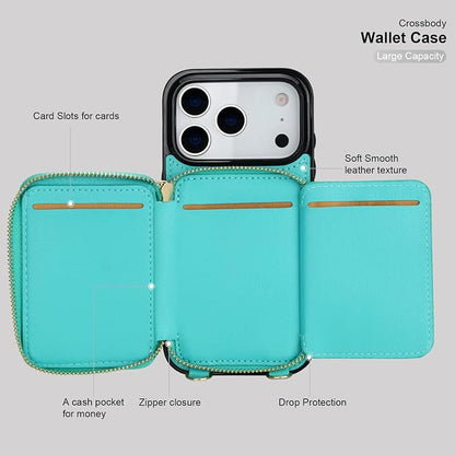 Bocasal Crossbody Wallet Case for iPhone 17 Pro, RFID Blocking PU Leather Zipper Handbag Purse Flip Cover, Kickstand Folio Case with Card Slots Holder Wrist Strap Lanyard 5G 6.3 Inch (Mint Green)