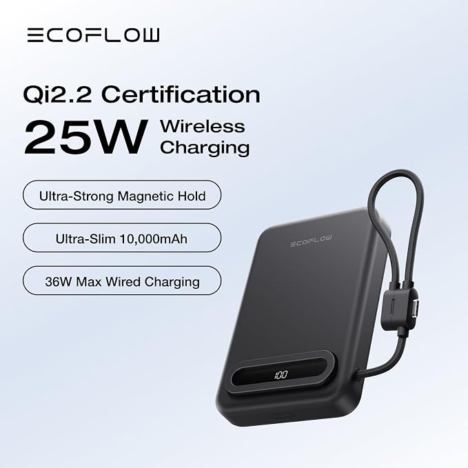 EF ECOFLOW Rapid Mag Power Bank, Qi2.2 25W MagSafe-Compatible Portable Charger, 10,000mAh Magnetic Power Charger with Built-in USB-C Cable and Foldable Stand, for iPhone 17/16/15