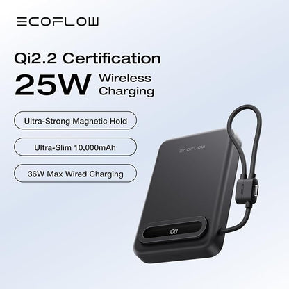 EF ECOFLOW Rapid Mag Power Bank, Qi2.2 25W MagSafe-Compatible Portable Charger, 10,000mAh Magnetic Power Charger with Built-in USB-C Cable and Foldable Stand, for iPhone 17/16/15