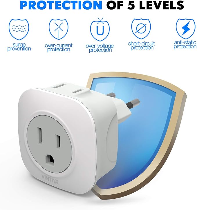3 Pack European Travel Plug Adapter, VINTAR International Power Plug Adapter with 2 American Outlets 2 in 1 Travel Essentials to France, Germany, Greece, Italy, Israel, Spain (Type C)