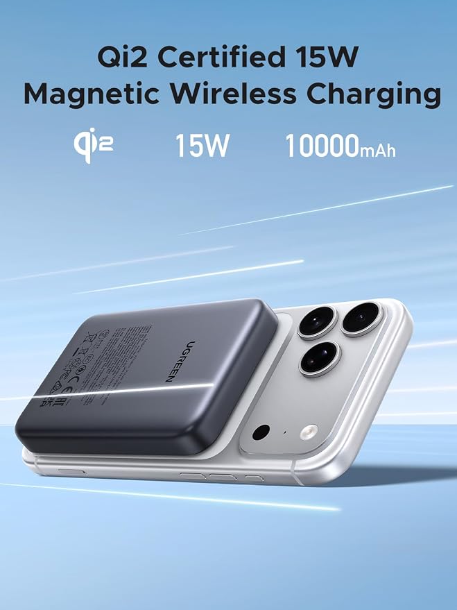 UGREEN Magnetic Power Bank Qi2 Certified 15W Fast Charging Wireless Battery Pack Slim 10000mAh Magsafe Portable Charger with 20W USB-C for iPhone 17/16/15/14/13/12 Series Black