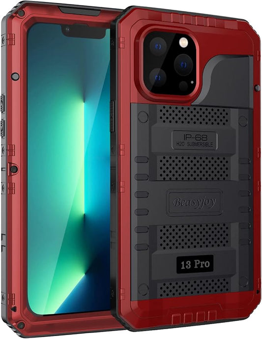 Beasyjoy Waterproof Case for iPhone 13 Pro, Metal Defender Case with Built-in Screen Protector, Military Grade Full Body Rugged Protective Heavy Duty Underwater Phone Case 6.1 Inch, Red