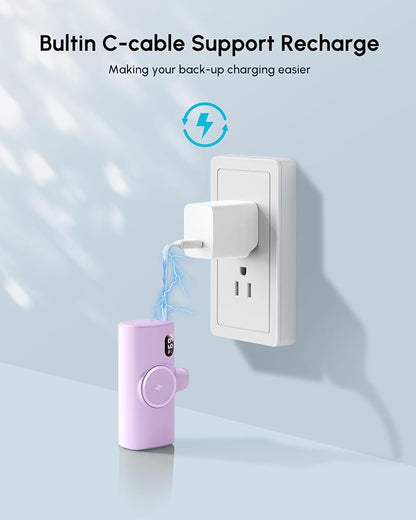 Mini Purple Power Bank Compatible for Lightning Port,100g 5000mah Small Portable Charger for iPhone 14 Plus/14/14 Pro Max,Battery Pack with Digital Display Compatible With iPhone 13/12/14 series