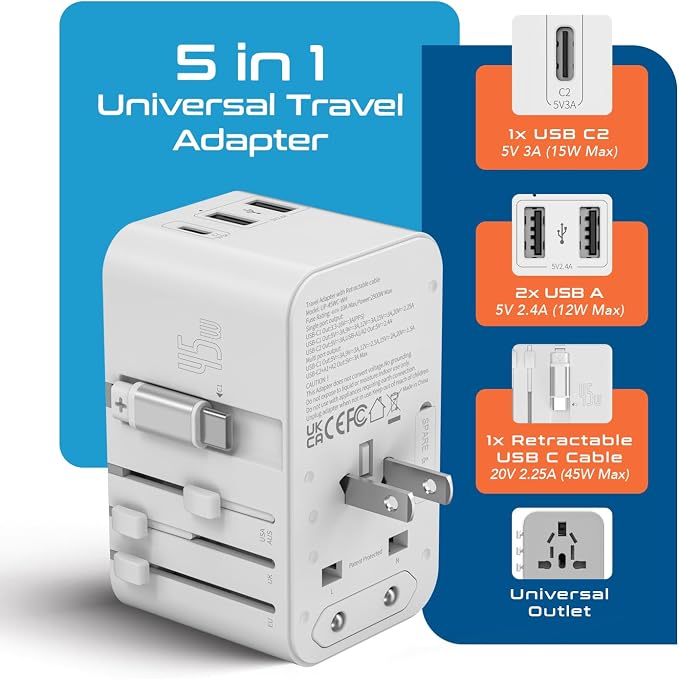 Ceptics 5 in 1 International Travel Adapter with PD 45W Retractable USB-C Cable 65cm, 2X USB-A 2.4A, 1x USB-C 3A, Travel Adapter Worldwide for Laptop, Phones and Cameras for US, EU, UK, UP-45WC-WH | 5 in 1 Design, International Power Adapter for USA, E...