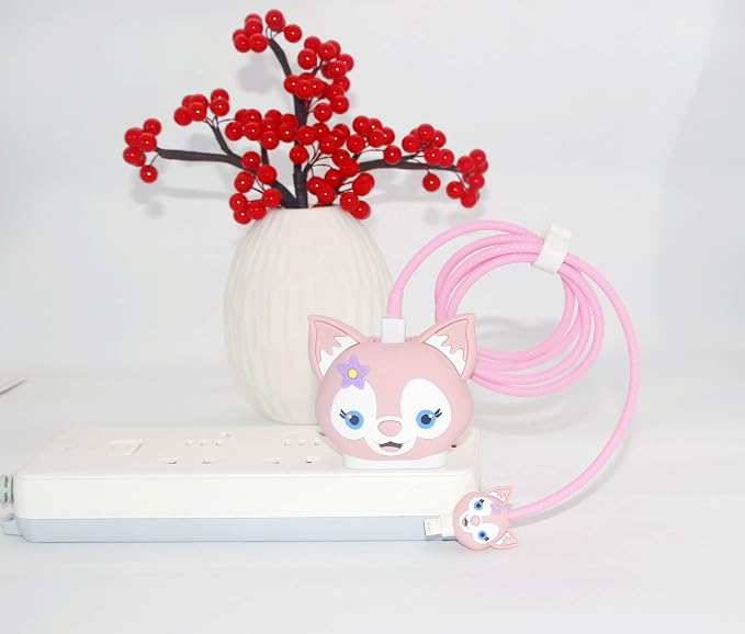 3D Cute Wall Charger Protector Case - Compatible for Apple 20W USB-C Power Adapter and Lightning Cable (Pink Lina)