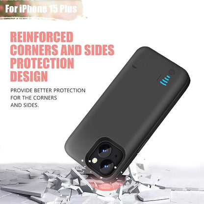 Battery Case for iPhone 15 Plus, 6000mAh Rechargeable Extended Battery Charging Charger Case, Add 100% Extra Juice (6.7 Inches) Black