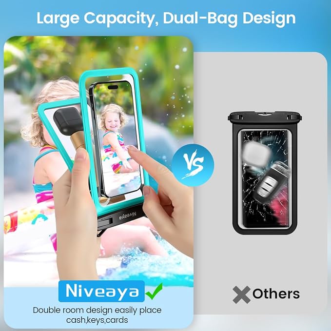 Niveaya Double Space Waterproof Phone Pouch, IPX8 Phone Case with Lanyard for iPhone 17 16 15 Pro Max, Galaxy S25 Ultra, Cellphone Dry Bag for Beach, Cruise Travel Ship Essentials 2 Pack (up to 8.3")
