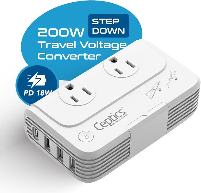 Ceptics 200W Voltage Converter – 220V to 110V Converter for Curling Iron & Straightener, Step Down Converter with USB-C PD 18W, Type C E/F G I Plugs