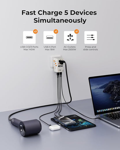 170W GaN Universal & International Travel Adapter & Wall Charger, European Travel Plug for UK/US/AUS/JP, 3 USB-C PD & 1 USB-A QC for Laptop Fast Charging, Worldwide Compatible, Travel Essentials