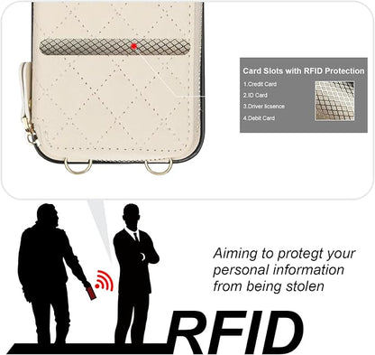 Bocasal Crossbody Wallet Case for iPhone 13 Pro Max, RFID Blocking PU Leather Zipper Handbag Purse Flip Cover, Kickstand Folio Case with Card Slots Holder Wrist Strap Lanyard 5G 6.7 Inch (Beige)
