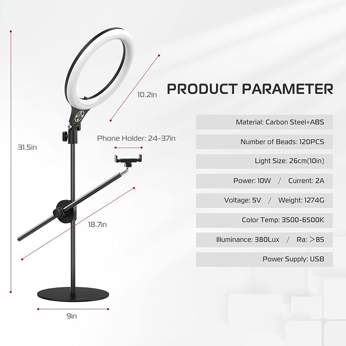 ULANZI Overhead Phone Mount Tripod with Light, 3500k-6500K 10" Desk Ring Light with Stand and Phone Holder for Video Recording, Zoom Meeting, Make Up, Cooking, Selfie, Live Streaming, Tiktok, YouTube