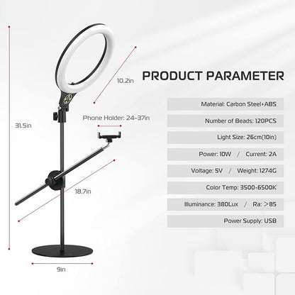 ULANZI Overhead Phone Mount Tripod with Light, 3500k-6500K 10" Desk Ring Light with Stand and Phone Holder for Video Recording, Zoom Meeting, Make Up, Cooking, Selfie, Live Streaming, Tiktok, YouTube