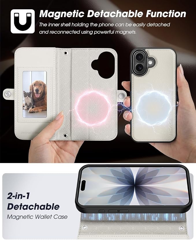 OCASE for iPhone 17 Crossbody Detachable Wallet Case, PU Leather Handbag Phone Purse with Zipper Closure, Card Slots & RFID Blocking, Wrist Strap, Lanyard, Kickstand, Cream