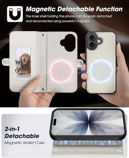 OCASE for iPhone 17 Crossbody Detachable Wallet Case, PU Leather Handbag Phone Purse with Zipper Closure, Card Slots & RFID Blocking, Wrist Strap, Lanyard, Kickstand, Cream