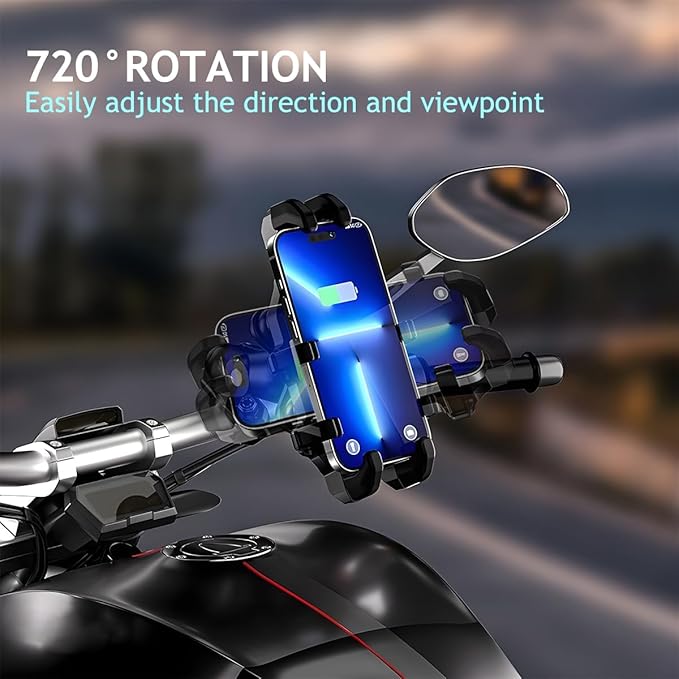 Motorcycle Phone Mount Holder, 360° Adjustable Anti-Theft Motorbike Handlebar Cellphone Mount with Vibration Dampener, Bike Smartphone Holder Clamp, Suitable for 5.1"-7" Phones