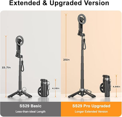 Upgrated 5-in-1 Magnetic Selfie Stick with Remote for Cell Phone 360° Rotation.Can Transforms into Mini Tripod/Camera Grip/Handheld Stabilizer/Phone Stand.Extend to 25 inches
