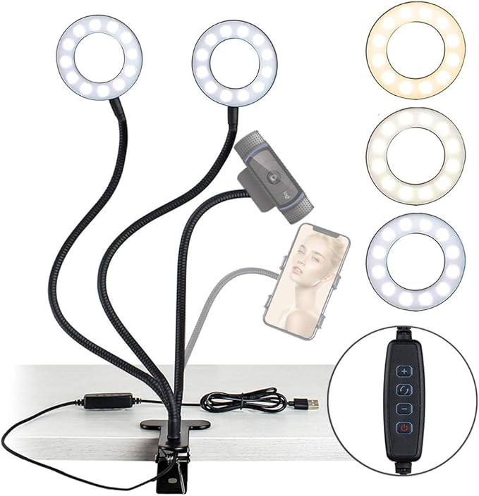 NexiGo 3.5 Inch Dual Selfie Ring Light with Moible Phone & Webcam Holder, 3-Light Modes, 10 Brightness Levels, LED Ringlight with Tripod Stand, for Live Streaming Makeup Video Conference