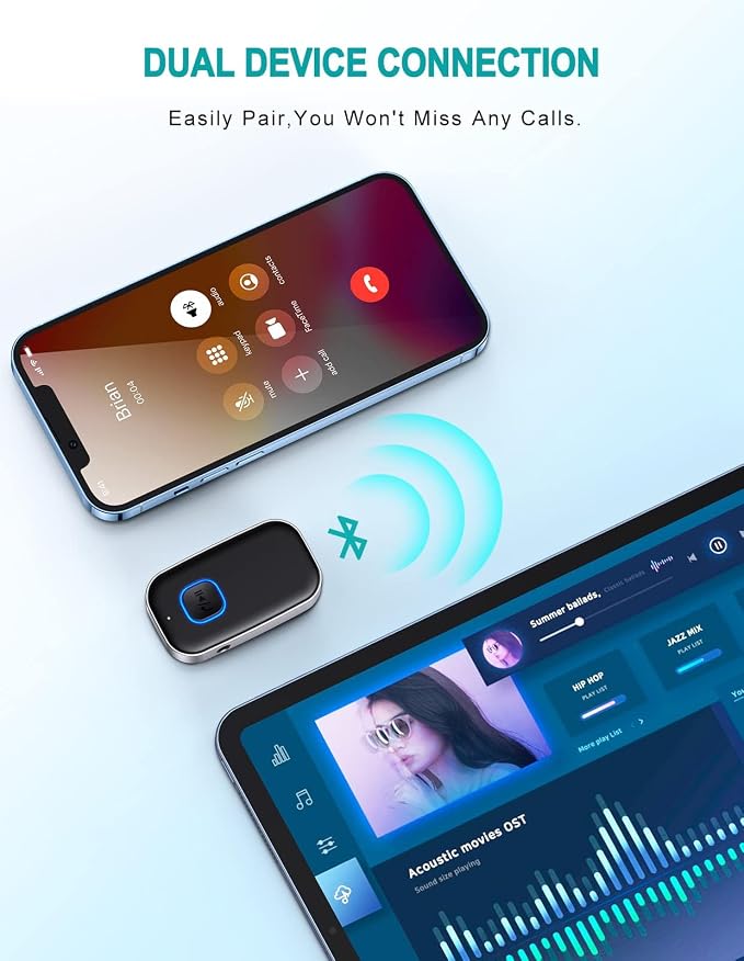 Bluetooth Car Adapter, WOCBUY 3.5mm AUX Bluetooth Receiver for Music Streaming, Wireless Music Audio Adapter with Built-in Mic, Home Stereo, Speakers (Handsfree Car Kits, 16H Playtime)