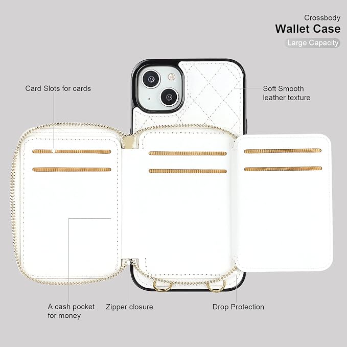 Bocasal Crossbody Wallet Case for iPhone 14 Plus, RFID Blocking PU Leather Zipper Handbag Purse Flip Cover, Kickstand Folio Case with Card Slots Holder Wrist Strap Lanyard 5G 6.7 Inch (White)
