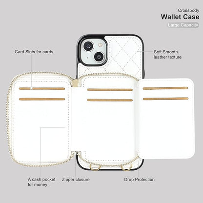 Bocasal Crossbody Wallet Case for iPhone 14 Plus, RFID Blocking PU Leather Zipper Handbag Purse Flip Cover, Kickstand Folio Case with Card Slots Holder Wrist Strap Lanyard 5G 6.7 Inch (White)