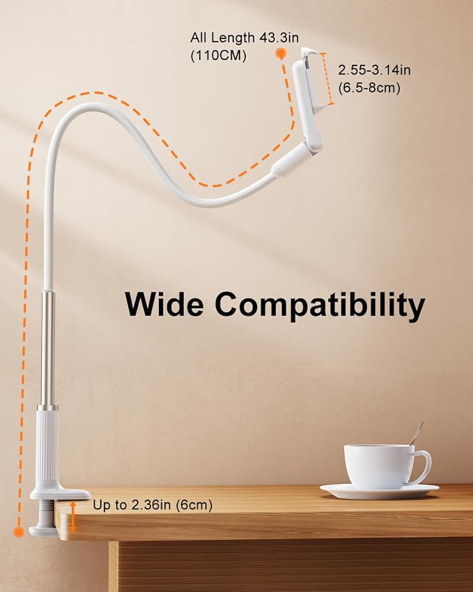 Gooseneck Phone Holder for Bed Laying Down with Clamp, Flexible Arm Overhead Phone Mount for Desk Bedside, Cell Phone Stand Adjustable Fit for iPhone 16 Promax, 15 Pro, 14 Plus, 13 & 4-7" Phone