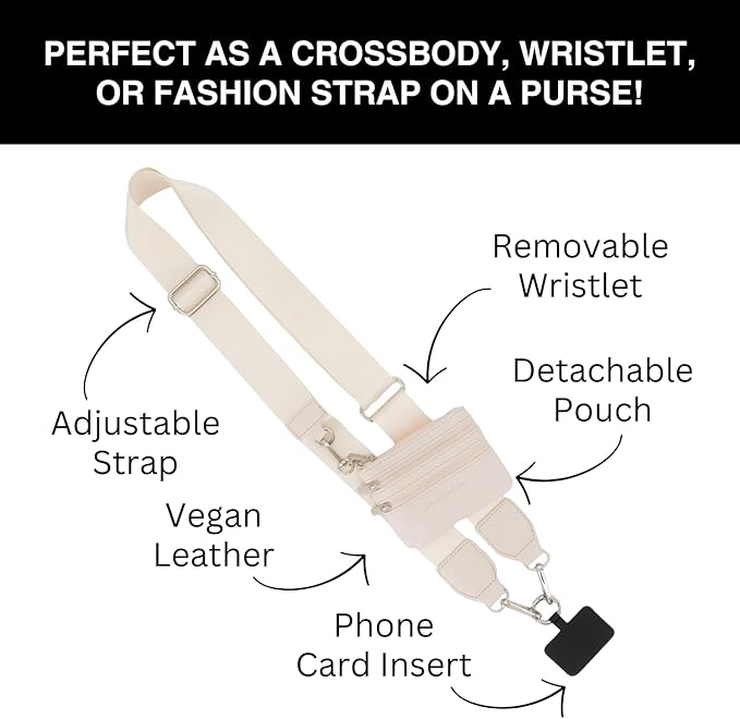 Save the Girls Clip and Go Phone Strap Solid (Cream - Cream Pouch) - Crossbody Phone Strap Chain with Zipper Wallet Pouch – Phone Lanyard with Zippered Pouch