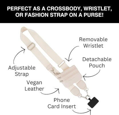 Save the Girls Clip and Go Phone Strap Solid (Cream - Cream Pouch) - Crossbody Phone Strap Chain with Zipper Wallet Pouch – Phone Lanyard with Zippered Pouch