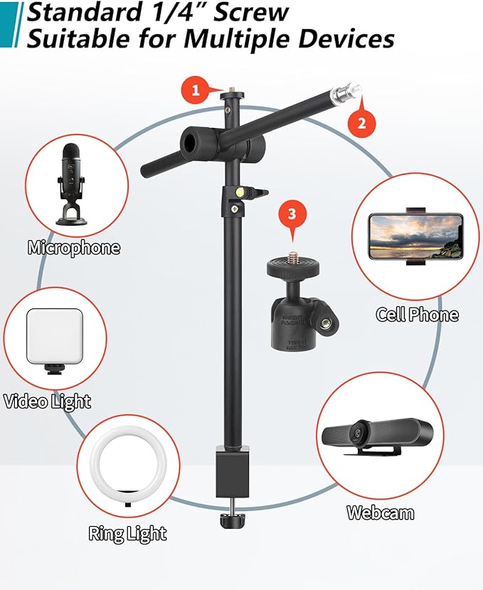 Overhead Camera Mount Desk Stand, Camera Arm Desk Mount Clamp Stand with 360°Adjustable Magic Arm, Webcam Arm Mount Stand w Ballhead Phone Mount for Desk Logitech Microphone Video Light Cell Phone