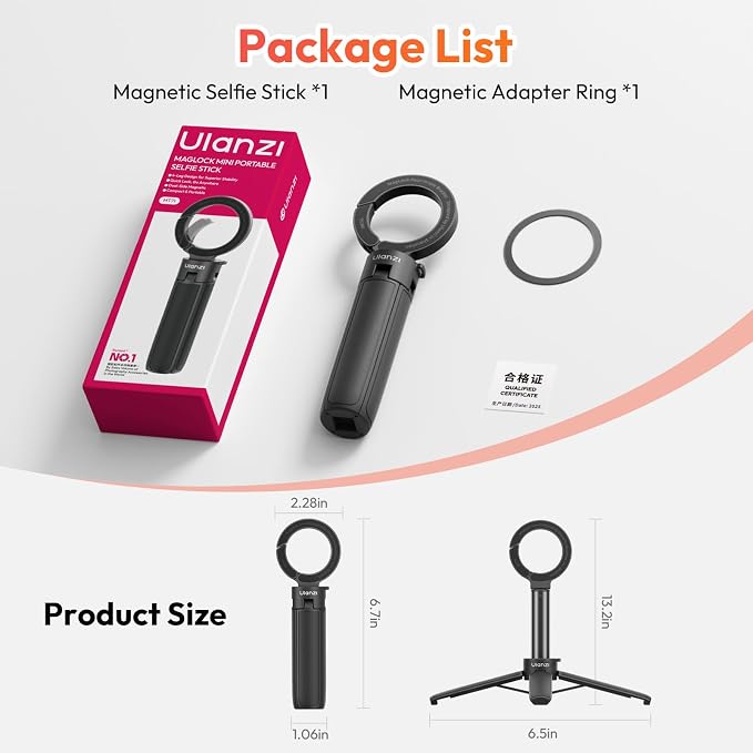 ULANZI MT71 Mini Magnetic Selfie Stick Tripod, Foldable & Lightweight, 180° Tilt, Compatible with iPhone 17-12 Series, with Adhesive Magnetic Ring for Desktop Shooting/Vlog/Selfie