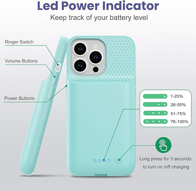 Feob Battery Case for iPhone 15 Pro, [2026 Upgraded] 7500mAh Slim Portable Smart Charging Case Rechargeable Protective Extended Charging Cover for iPhone 15 Pro-Green