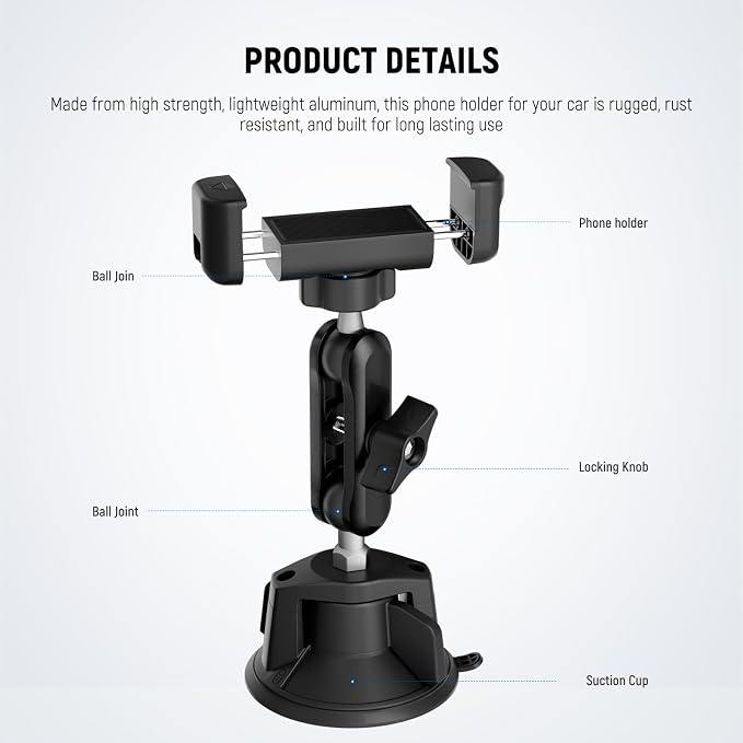 NEEWER Phone Holder for Your Car, 360° Rotating Vacuum Suction Cup Metal Cell Phone Mount Magic Arm Compatible with iPhone Samsung for UTV Windshield Skylight Glass Navigation Video Recording, PA136