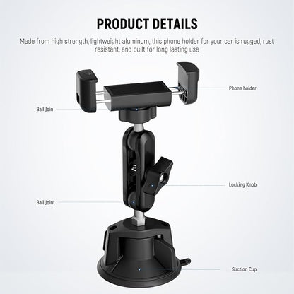 NEEWER Phone Holder for Your Car, 360° Rotating Vacuum Suction Cup Metal Cell Phone Mount Magic Arm Compatible with iPhone Samsung for UTV Windshield Skylight Glass Navigation Video Recording, PA136