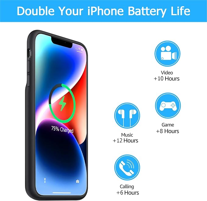 Battery Case for iPhone 14, [10000mAh] Enhanced Rechargeable Portable Protective Qi Wireless Charger Case Battery Pack Support CarPlay Wireless Charging Case Compatible with iPhone 14 (6.1 inch)-Black