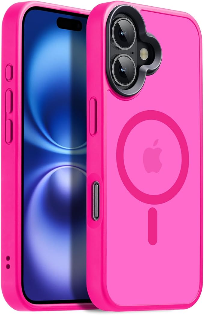 Strong Magnetic Case for iPhone 16 Case [5X-Grade Drop Tested & Compatible with MagSafe] Translucent Anti-Fingerprint Shockproof Protective Cover 6.1 Inch,Hot Pink