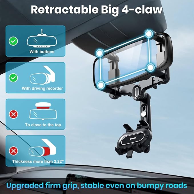 IPOW Large Rearview Mirror Phone Holder, Rotatable and Retractable, Anti-Shake Phone Mount for Car Compatible with iPhone 17/16/15/14/13/12/11 Pro Max, Samsung All 4-7 Inch Phones