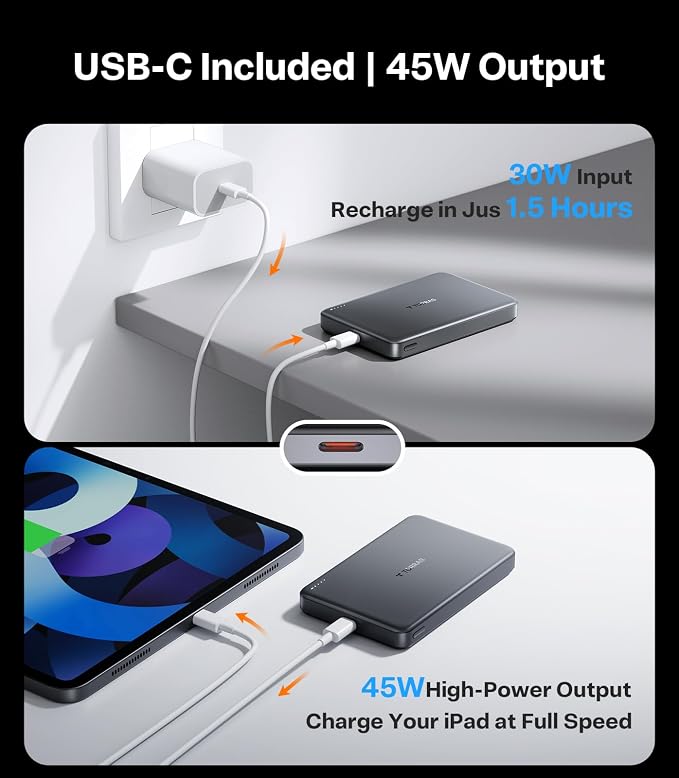 TORRAS MiniMag 25W Qi2.2 Magnetic Portable Charger Power Bank, 10000mAh Fast Portable Phone Charger, 45W Output & 30W Input USB-C, Slim Battery Pack Charger Portable for iPhone 17/16/15/14/13