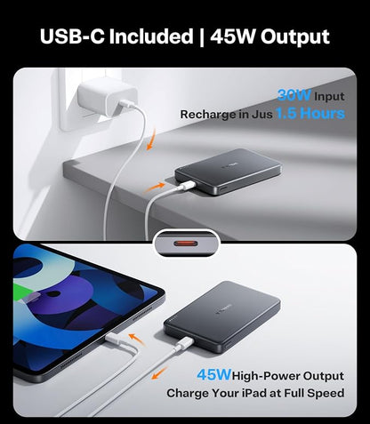 TORRAS MiniMag 25W Qi2.2 Magnetic Portable Charger Power Bank, 10000mAh Fast Portable Phone Charger, 45W Output & 30W Input USB-C, Slim Battery Pack Charger Portable for iPhone 17/16/15/14/13