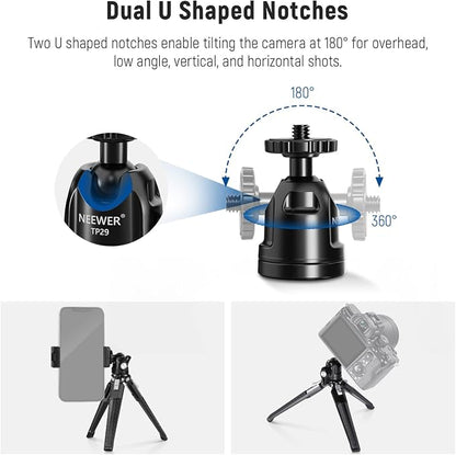 NEEWER Mini Desk Tripod, Metal Table Top Small Portable Travel Selfie Stick Stand with 360° Ball Head & 1/4" Screw for Camera Mobile Phone Holder Action Cam, Cleaning Cloth, Max Load 6.6 lbs, TP29