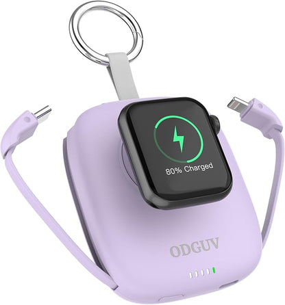 Small Portable Charger 5000mAh,iWatch Wireless Charger Mini Power Bank with Built-in Cable,Travel Keychain Charger for Apple Watch 11/10/9/8/Ultra/7/6/Se/5/4,iPhone 17/16/15/14/13/12,Android Phone