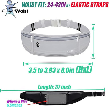 USHAKE Slim Running Belt, Workout Fanny Pack for Men Women,Exercise Waist Pack for Apple iPhone Holder, Runner Belt for Running Walking Cycling Camping Gym Light Grey