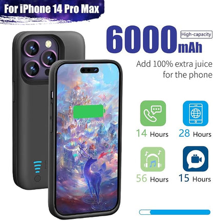 Sitong Battery Case for iPhone 14 Pro Max, 6000mAh Rechargeable Extended Battery Charging Charger Case, Add 100% Extra Juice (6.7 Inches) Black
