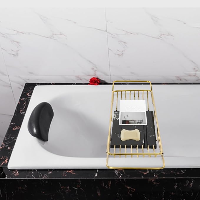 Expandable Bathtub Tray Caddy for Luxury Bath, Extra Wide Acrylic Tub Tray with Natural Marble Board, Waterproof Bath Tub Shelf for Phone, Wine, Book, Tablet Stand - Ideal Home Spa (Gold, Black)