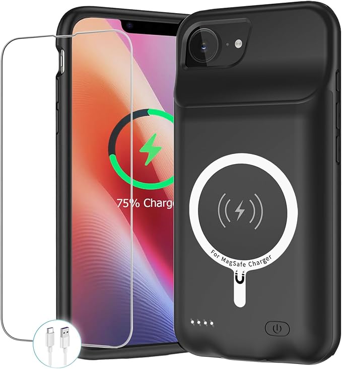 Battery Case for iPhone 16e, 10000mAh Portable Protective Charging Case with Wireless Charging Compatible for iPhone 16e (6.1inch) Rechargeable Extended Battery Pack Charger Cover with Carplay (Black)